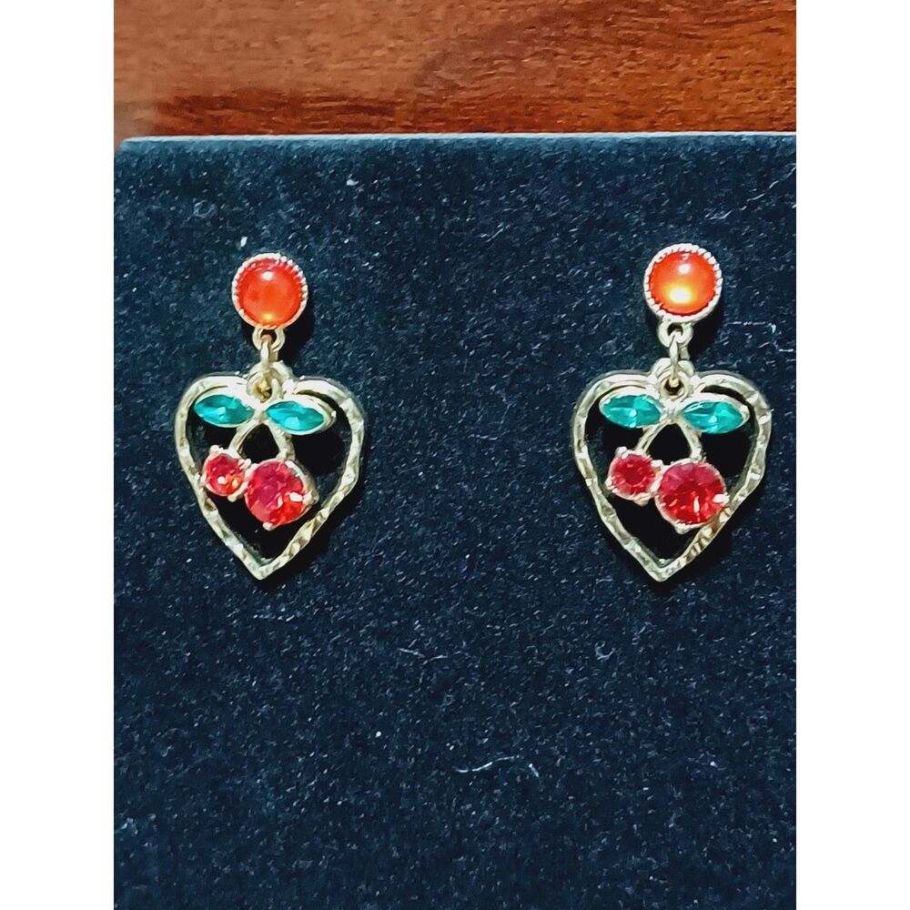 Gold-Toned Heart Earrings w/ Cherries